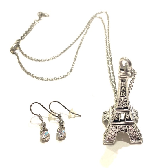 Eiffel Tower Necklace Earrings Set Silver Tone - Picture 2 of 4